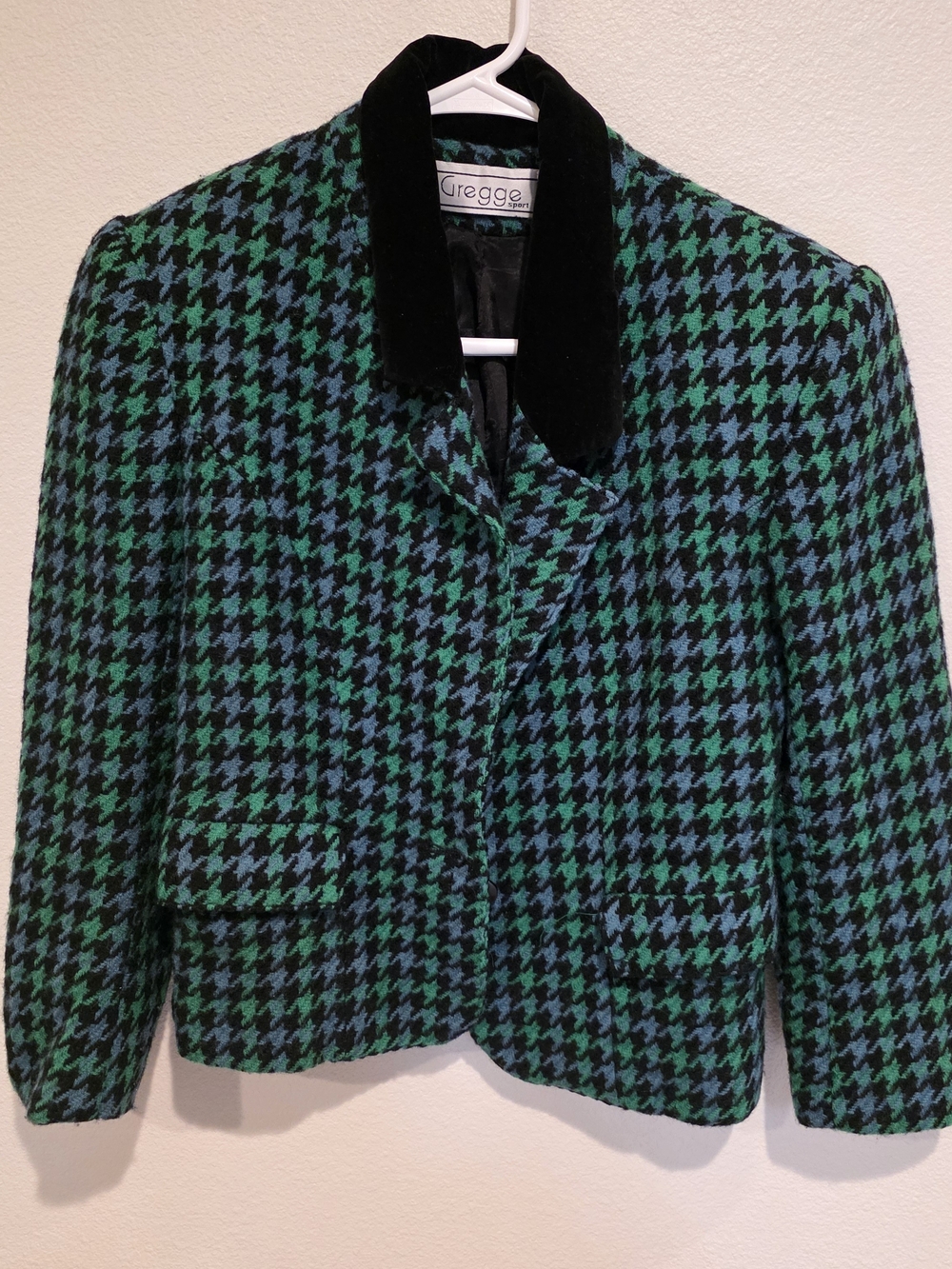 Vintage Green & Black Houndstooth Wool Jacket with Velvet Collar
